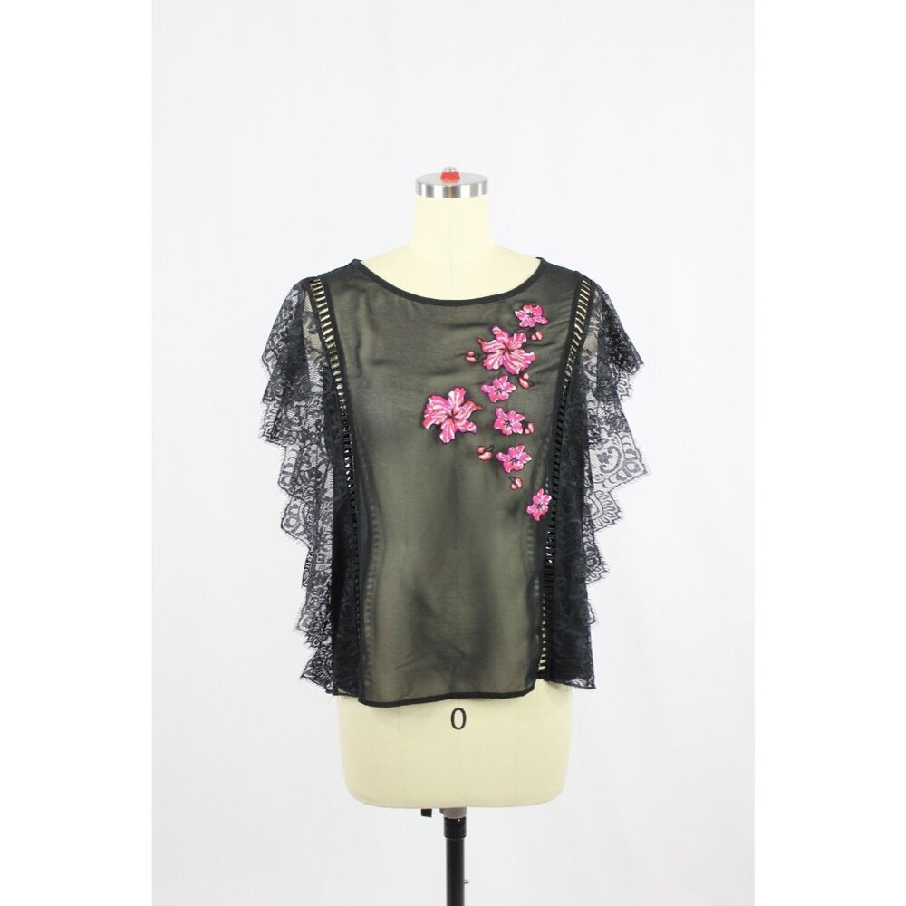 INTIMISSIMI Black Sheer Chiffon Floral Embroidered Lace Trim Blouse, Size S